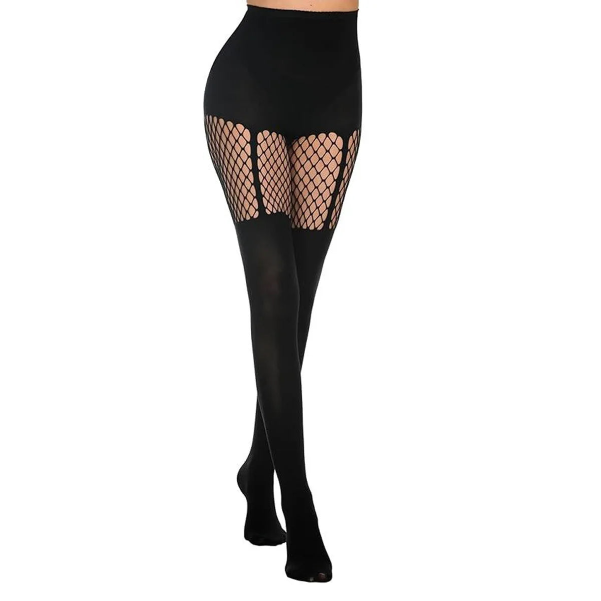 Vexaroa Black Fishnet Suspender Pantyhose Hollow-Out Thigh Tights