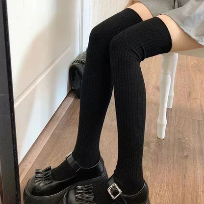 Women's Knee High Socks Paired with Boots Black White Pure Cotton Autumn and Winter Wool Long Socks Winter Warm Pile High Sock