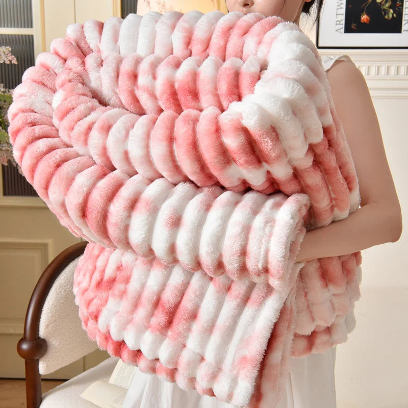 Wide Stripe Imitation Rabbit Plush Blanket Autumn Winter Warm Double Bed Blankets Fluffy Soft Tie-Dye Flannel Sofa Throw Blanket