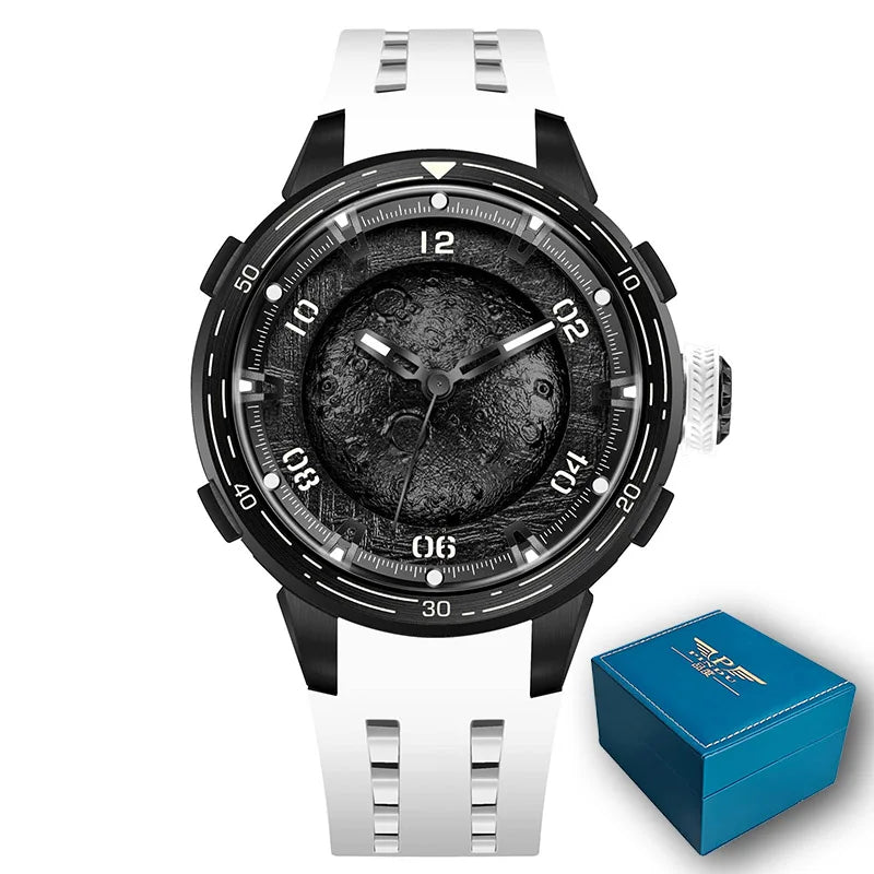 A wristwatch with a black and white dial, black bezel, and white strap, shown alongside a blue presentation box on a white background.