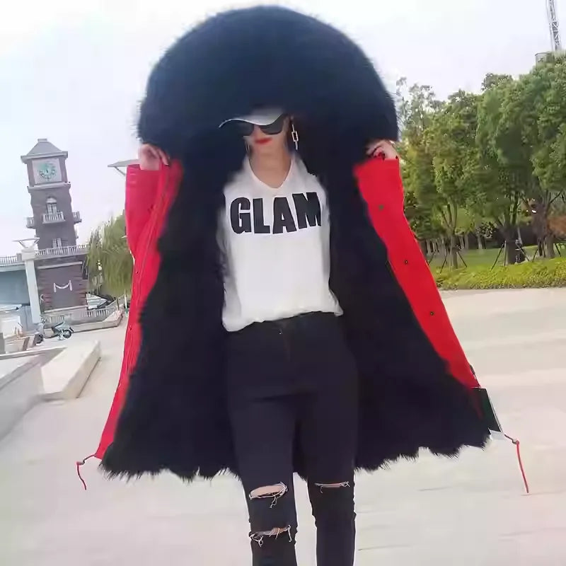 Vexaroa Women's Real Natural Fur Coat Long Hooded Parka with Fur Liner Winter Jacket