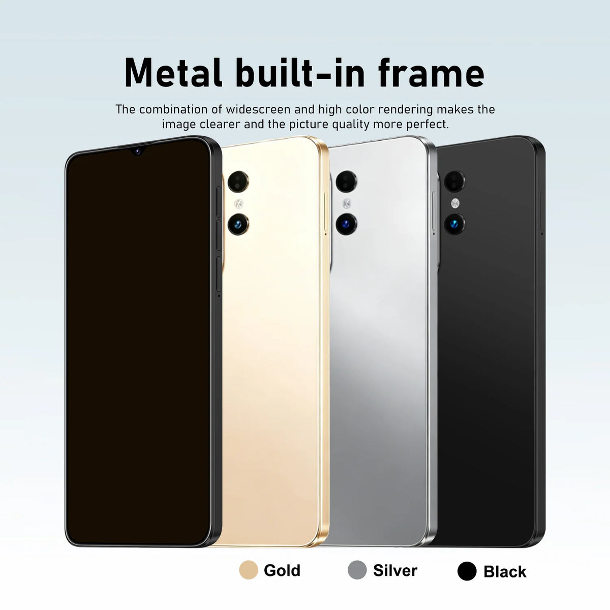 Four smartphone back views showing different finish options: black, gold, silver, and dark gray/black, with text reading 'Metal built-in frame' and color labels 'Gold', 'Silver', and 'Black' below.