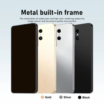 Four smartphone back views showing different finish options: black, gold, silver, and dark gray/black, with text reading 'Metal built-in frame' and color labels 'Gold', 'Silver', and 'Black' below.