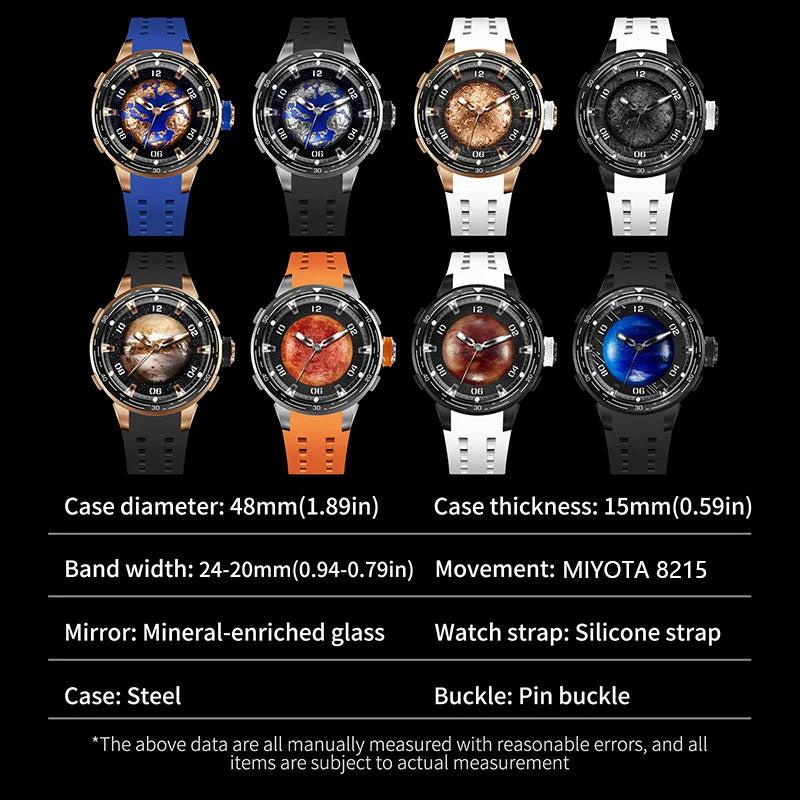 An 8x2 grid showing eight wristwatch color options on a black background, with text below listing specifications such as case diameter, band width, movement, mirror, strap, case material, and buckle. The watches feature round black dials with blue, orange, brown, and gray tones, paired with blue, black, orange, white, and gray silicone straps.