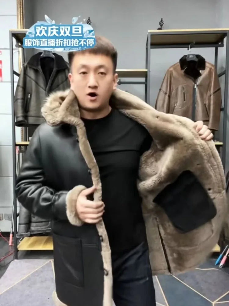 Men's Sheepskin Shearling Pilot Coat Raccoon Hood | Vexaroa
