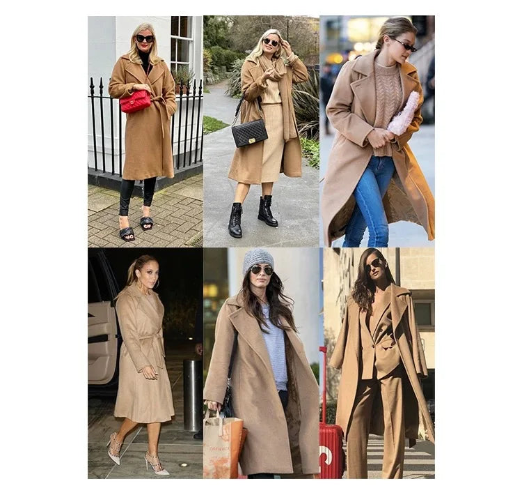 A six-panel collage showing women modeling long camel trench coats in different outdoor settings. The coats are shown in various fits and styled with different accessories, including jeans, boots, sunglasses, and handbags.