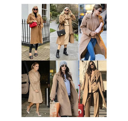 A six-panel collage showing women modeling long camel trench coats in different outdoor settings. The coats are shown in various fits and styled with different accessories, including jeans, boots, sunglasses, and handbags.
