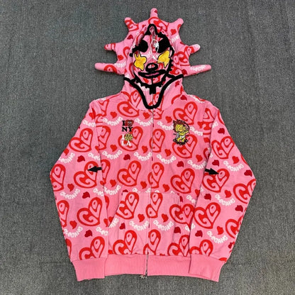 Glo Gang Zip Hoodie Unisex Rhinestone Embellished Cartoon Print Pink Streetwear Cozy Hooded Sweatshirt