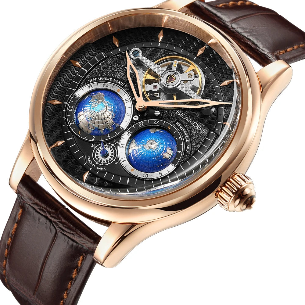 Luxury watch with brown leather strap and rose gold case on white background