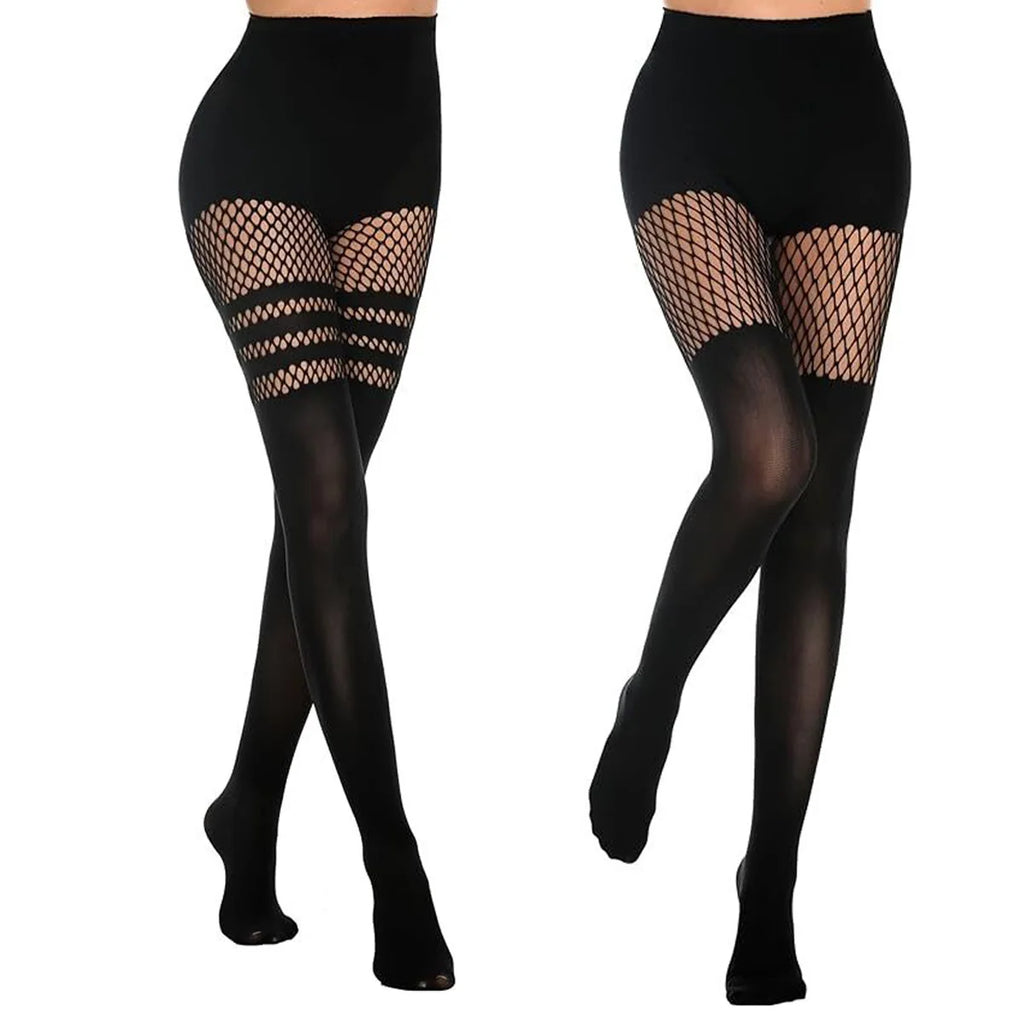 Vexaroa Black Fishnet Suspender Pantyhose Hollow-Out Thigh Tights