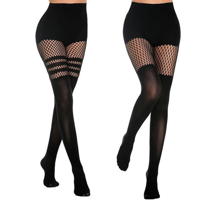 Vexaroa Black Fishnet Suspender Pantyhose Hollow-Out Thigh Tights