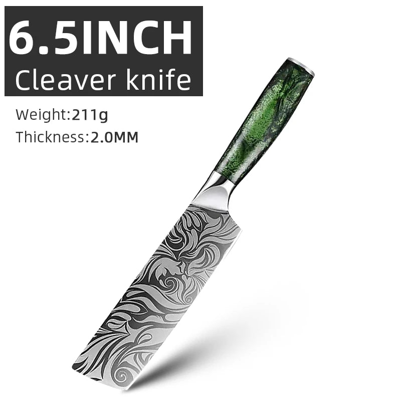 Kitchen Knife Set Stainless Steel Ultra Sharp Paring Boning Santoku Cleaver Bread Chef Knife with Green Resin Handle