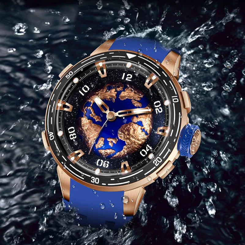 A rugged wristwatch with a blue strap and rose gold-toned case, shown in splashing water. The round dial features a detailed globe design with blue oceans and gold landmasses, surrounded by a black bezel with white markings.