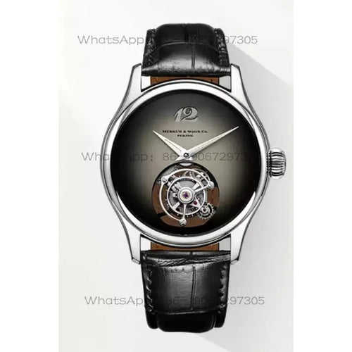A luxury wristwatch with a polished silver-tone case, a dark gray to black gradient dial, and a visible tourbillon movement on the lower half of the dial. It is fitted with a black alligator-pattern leather strap.