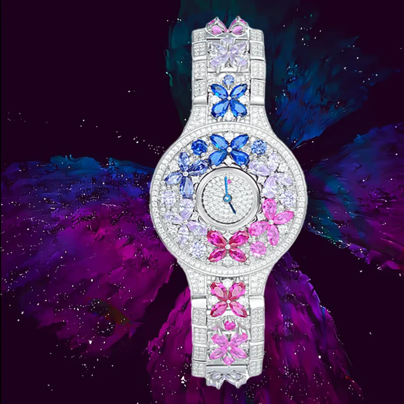 Luxury diamond-encrusted watch with butterfly designs on a colorful abstract background