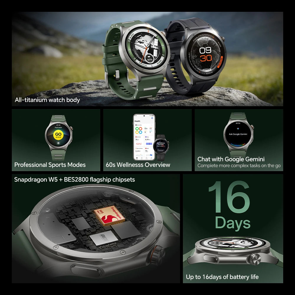 Collage of a smartwatch with features highlighted on a scenic background
