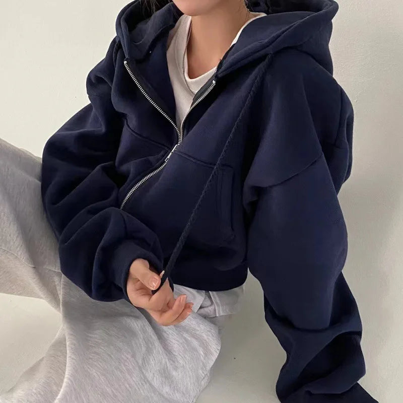 Vexaroa Women's Fleece-Lined Cropped Zip-Up Hoodie – Navy Blue