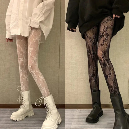 Leggings Hollowed Out Mesh Retro Girls Stockings Japanese Bottomed Lace Pantyhose Floral Rattan Black Tights