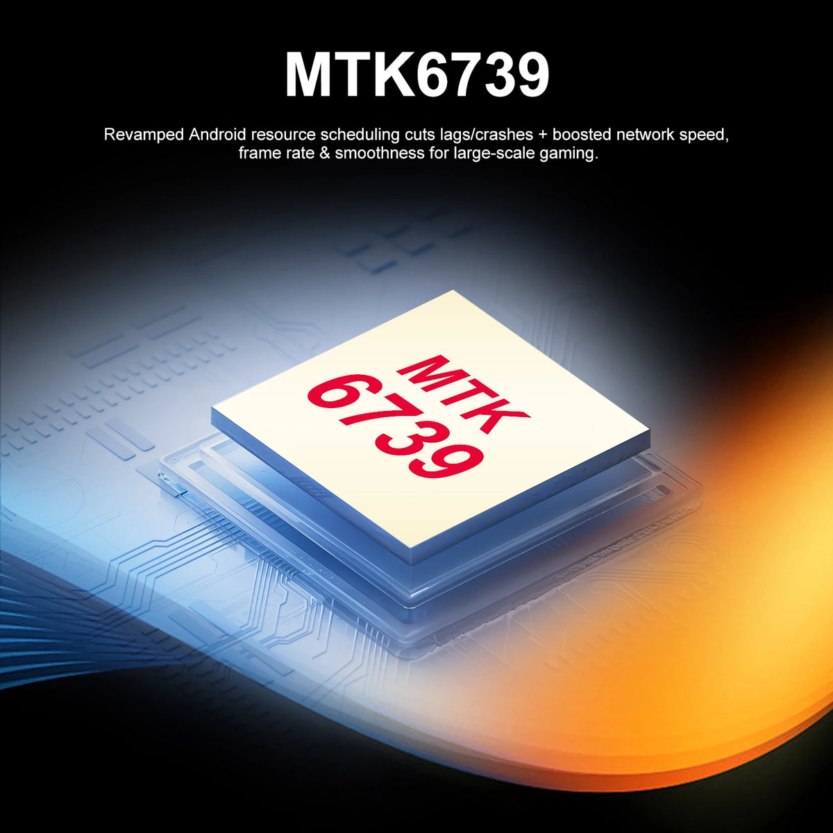 A stylized product graphic showing a square processor chip labeled 'MTK6739' in red on a white top surface, with blue circuitry underneath and glowing orange light on a black background. Text at the top reads 'MTK6739' with marketing copy about improved Android resource scheduling and gaming performance.
