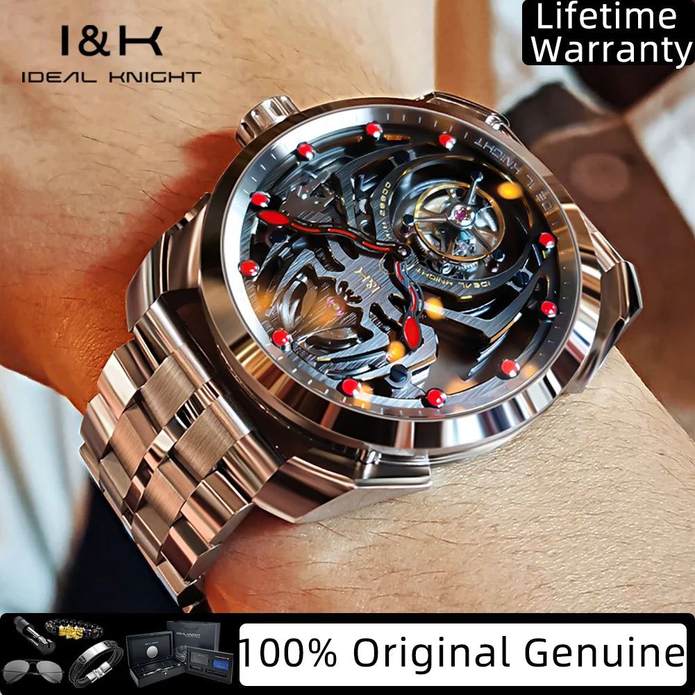 IDEAL KNIGHT Real Tourbillon Men's Watches High-Grade Fully Hollowed Spider Pattern Cool Dial Top Luxury Mechanical Watches 6802