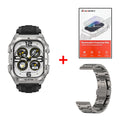 Smartwatch with metal band, protective film packaging, and additional metal band on a white background