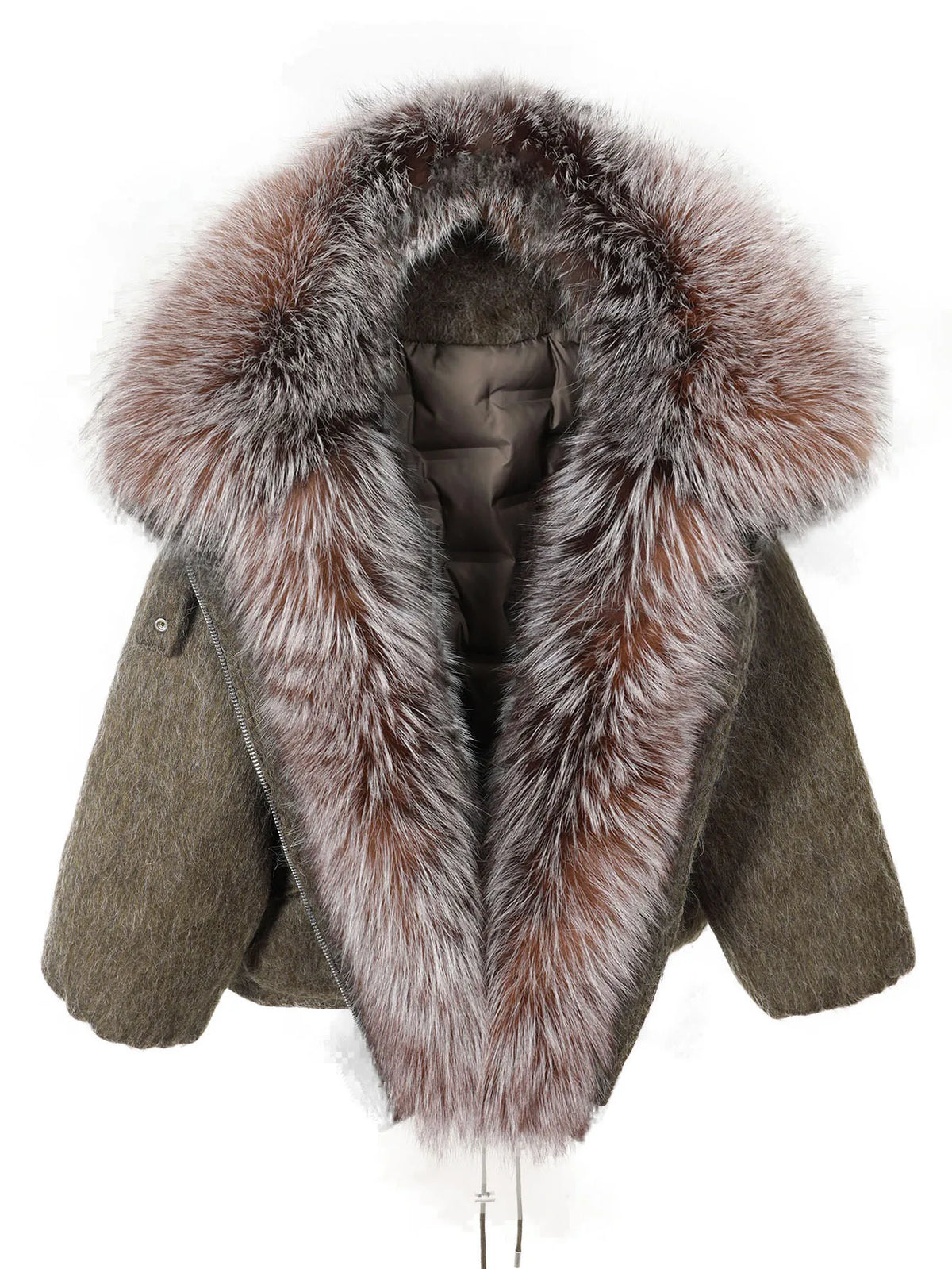 Women's Wool Puffer Jacket with Fox Fur Collar at Vexaroa