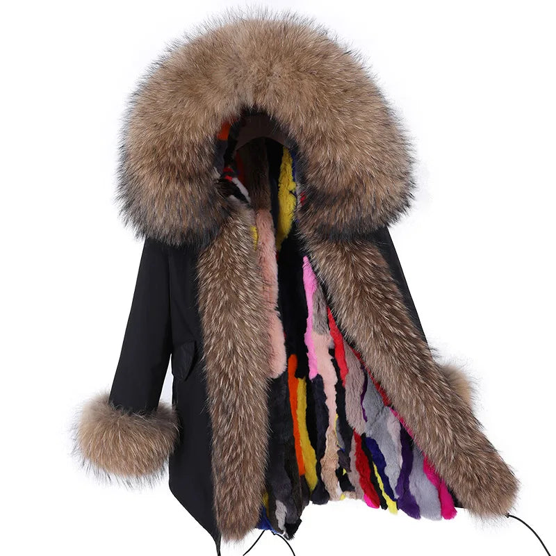 Real Raccoon Fox Fur Collar Parka Women's Coat | Vexaroa