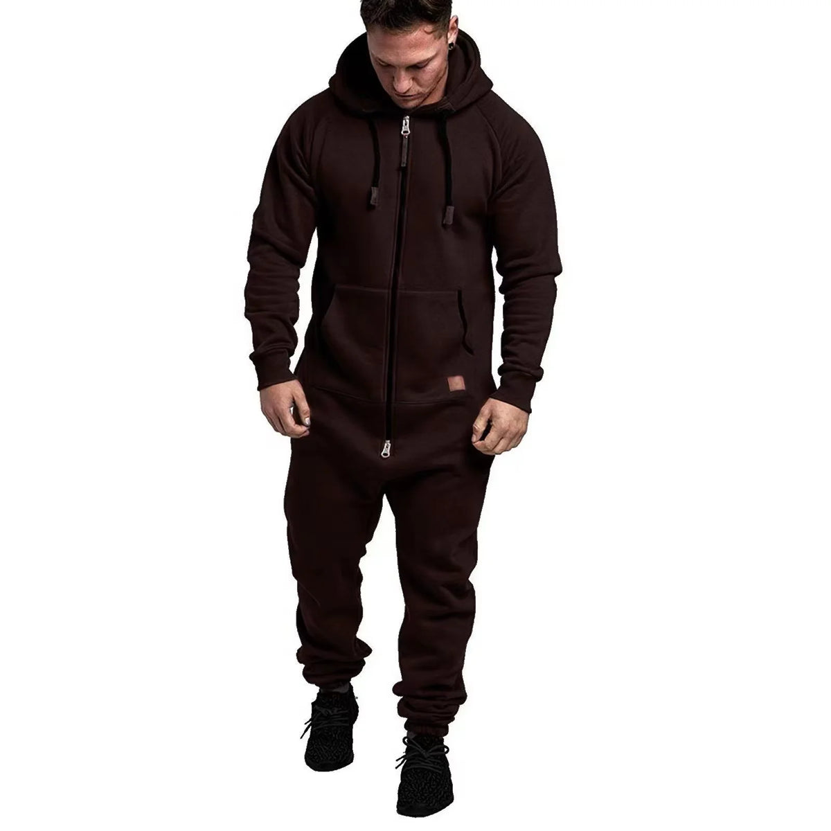 Winter New Men's Hooded Fleece Jumpsuit With Solid Color And Color Blocking Casual Workwear Set For Men