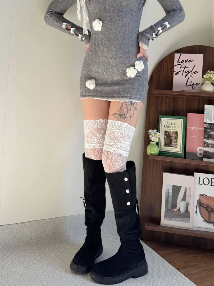Vexaroa Lace Fishnet Floral Thigh High Knee Socks Women