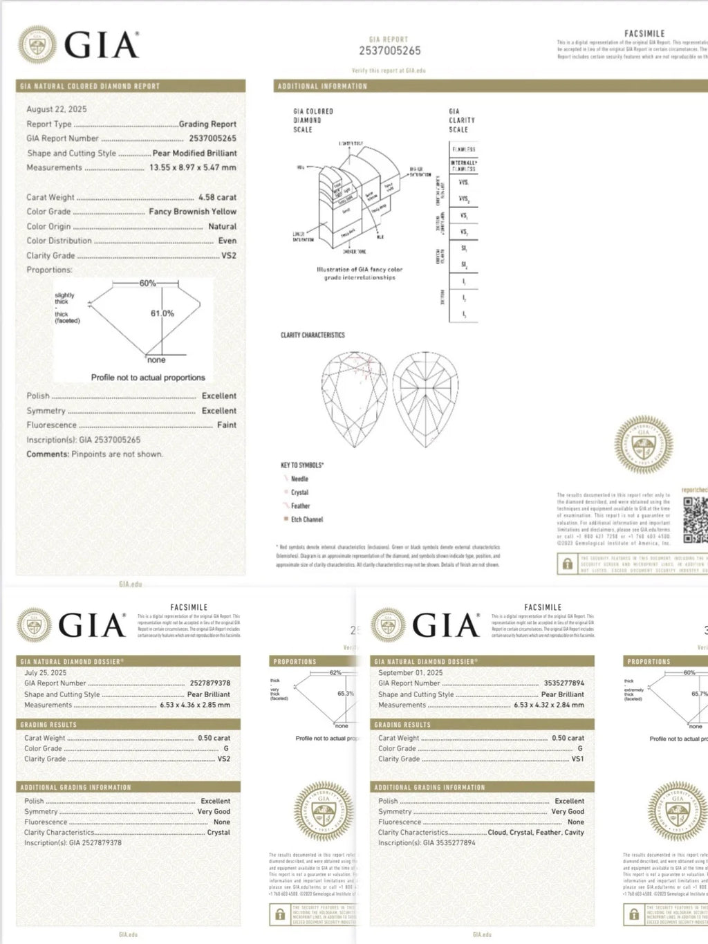 A collage of GIA gemstone certification reports and diamond measurement guides for a pear-cut diamond, featuring technical specifications, profile measurements, and faceted views on a white background.