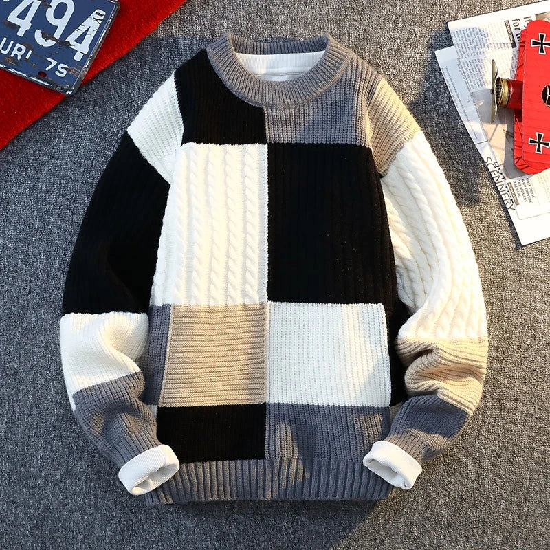 Vexaroa Men's Plaid Knit Sweater – Casual Loose Warm Patchwork Pullover