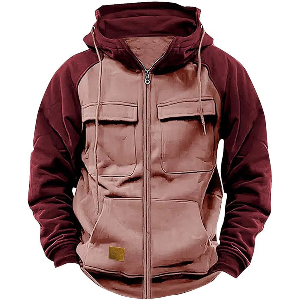 Autumn Winter Hoodies Men Zipper Patchwork Warm Fleece Sweatshirts Multi Pockets Male Fashion Hooded Jacket Thick Outdoor Hoodie