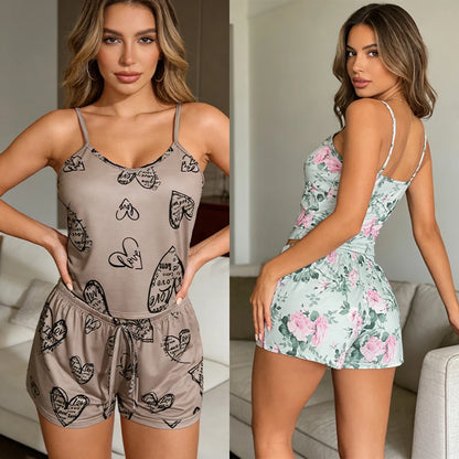Two images of a woman wearing different pajama sets in a living room setting.