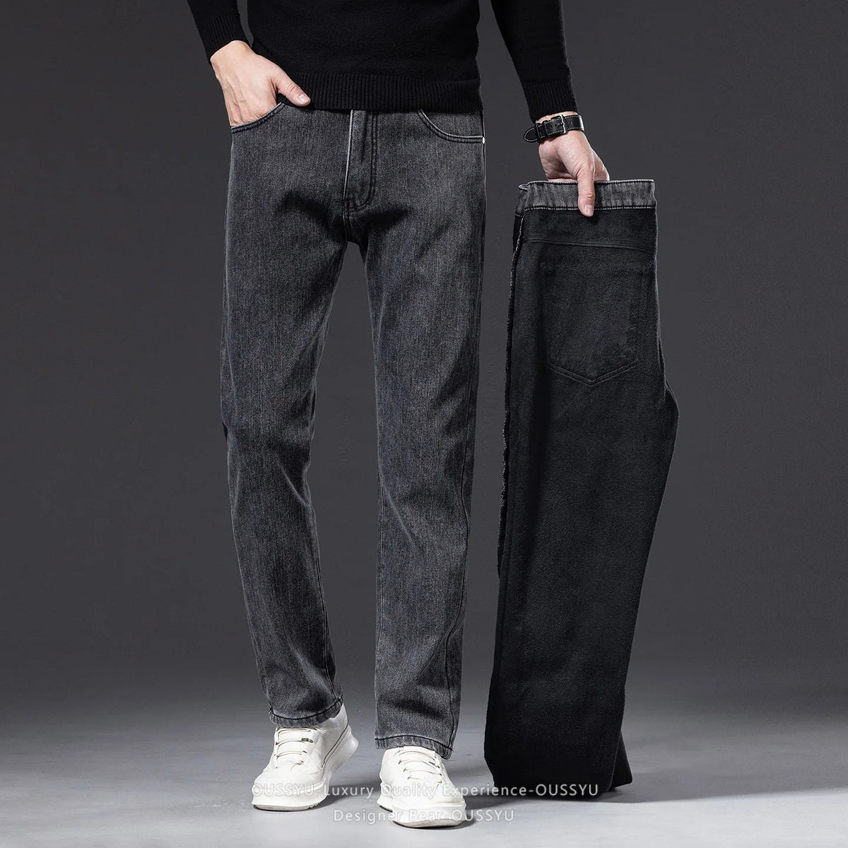 2027 Winter Warm Fleece Men's Jeans Gray Black Cotton Slim Elastic Business Denim Pants Thicked Trousers Male Skinny Streetwear