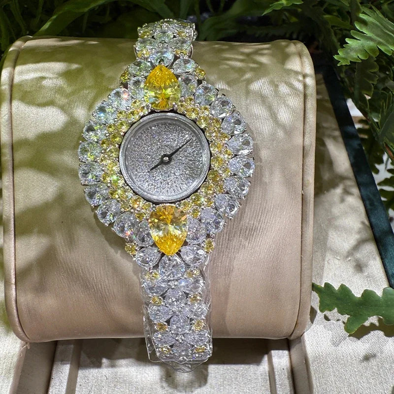 BELLUX 925 Silver Yellow White Full Diamond Watch Women's Flower Fashion Temperament Light Luxury Watch Personalized Women