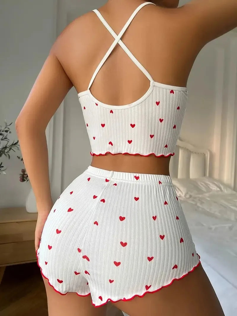 Vexaroa Heart Print Satin Pajama Set | Cami & Shorts
