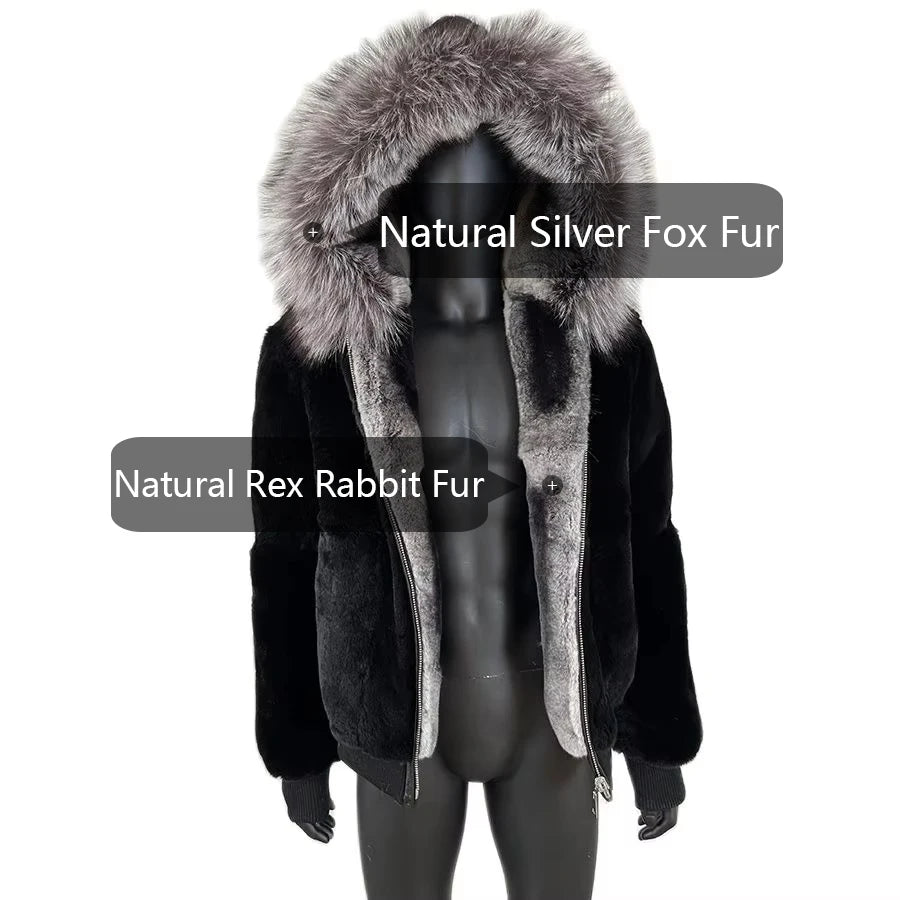 Men's Rabbit Fur Coat with Hood Black Chinchilla | Vexaro