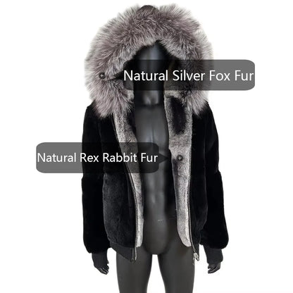 Men's Rabbit Fur Coat with Hood Black Chinchilla | Vexaro