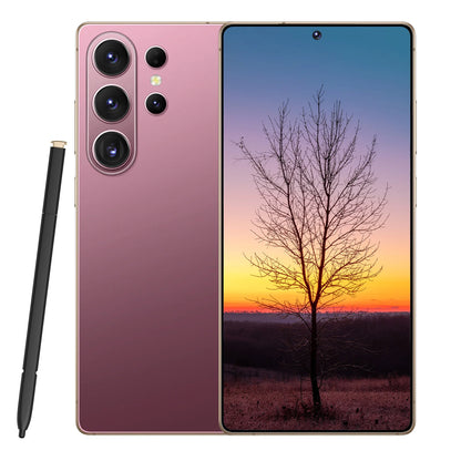 A pink Samsung Galaxy S24 Ultra smartphone shown from the back and front, alongside a black stylus on a plain white background. The phone screen displays a sunset landscape with a bare tree.