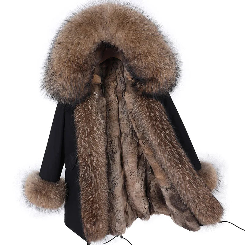 Real Raccoon Fox Fur Collar Parka Women's Coat | Vexaroa