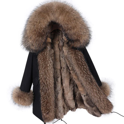Real Raccoon Fox Fur Collar Parka Women's Coat | Vexaroa