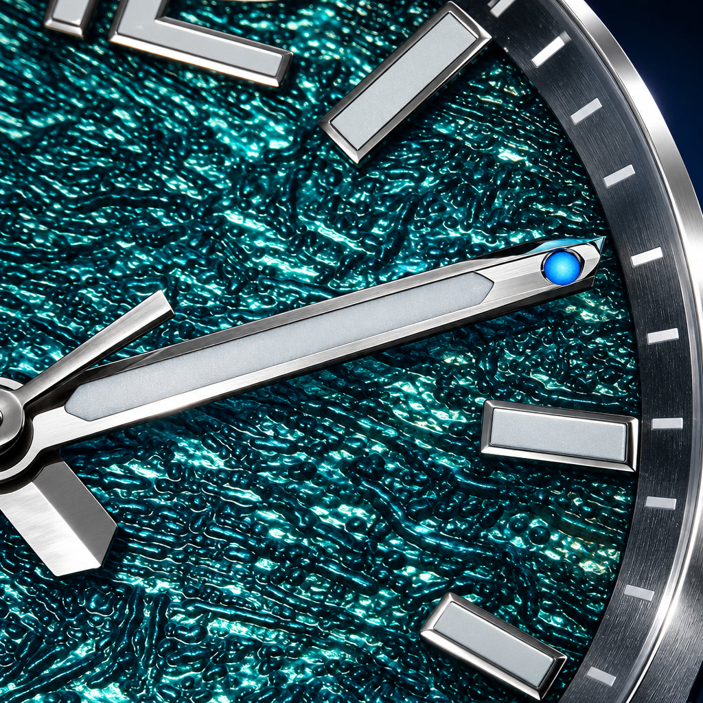 Close-up of a diving mask with Addies Dive branding on a textured blue background