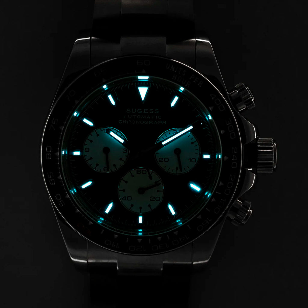 Black watch with glowing blue accents on a dark background