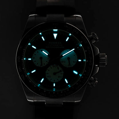 Black watch with glowing blue accents on a dark background