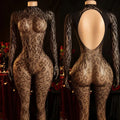 Vexaroa Elegant Leopard Sheer Fishnet Bodysuit Long Sleeve