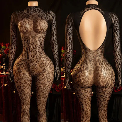 Elegant Leopard Print Sheer Bodysuit - High Nylon Lingerie for, Long Sleeve, High Elasticity Full-Body Fishnet Design