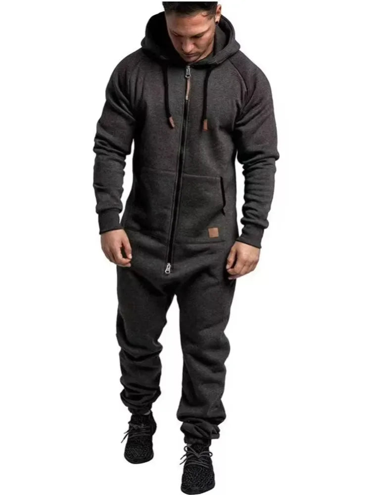 Winter New Men's Hooded Fleece Jumpsuit With Solid Color And Color Blocking Casual Workwear Set For Men