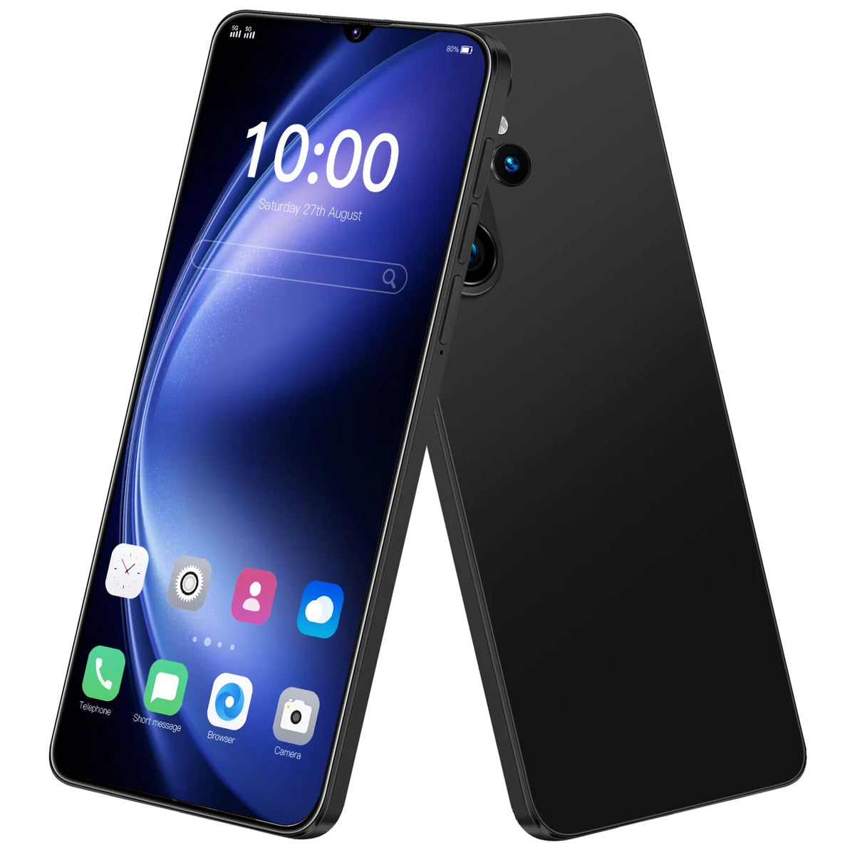 A black smartphone shown from the front and back on a plain white background. The front view displays a blue-and-purple home screen with app icons, and the back view shows a smooth matte black finish with a vertical camera cutout.