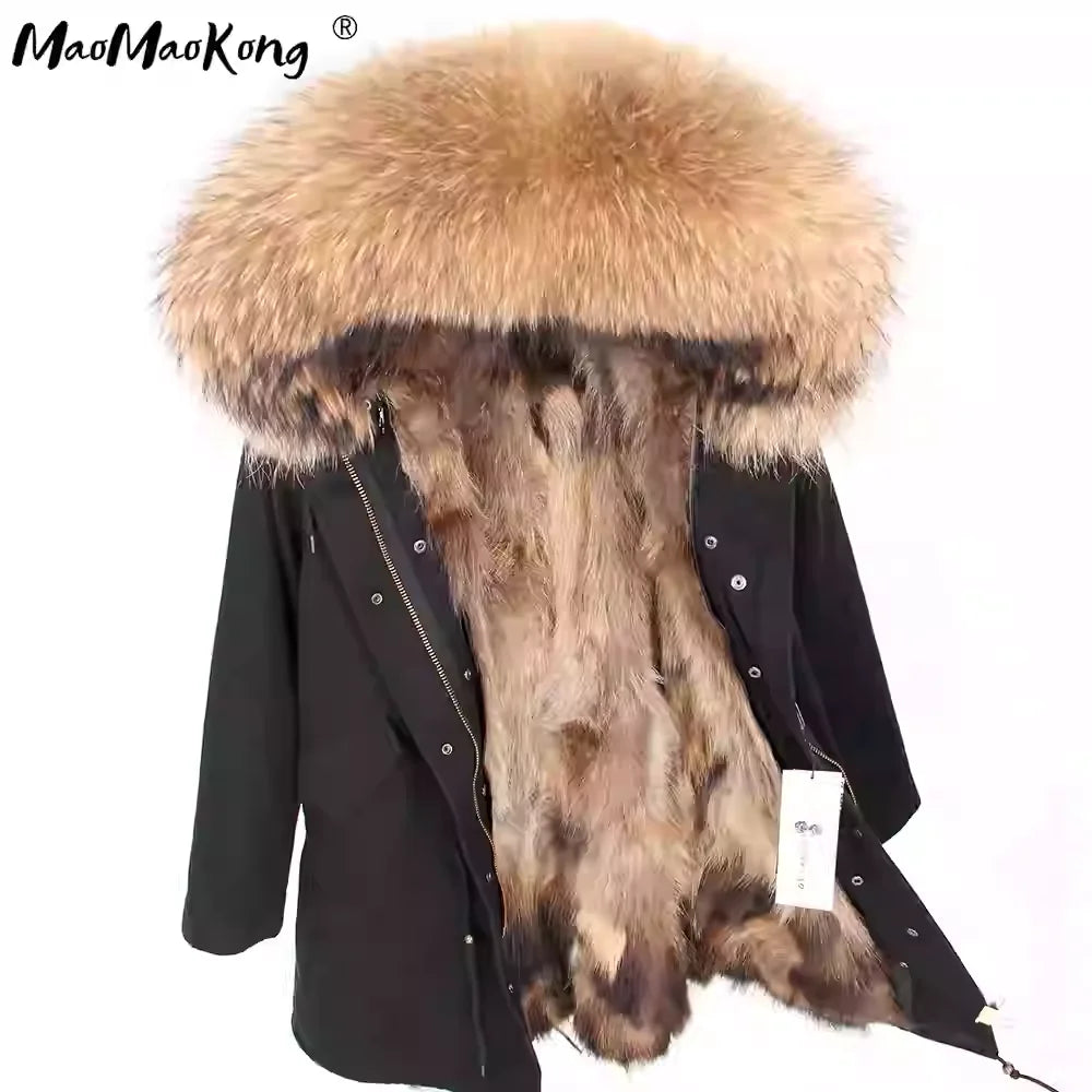 Vexaroa Women's Real Natural Fur Coat Long Hooded Parka with Fur Liner Winter Jacket