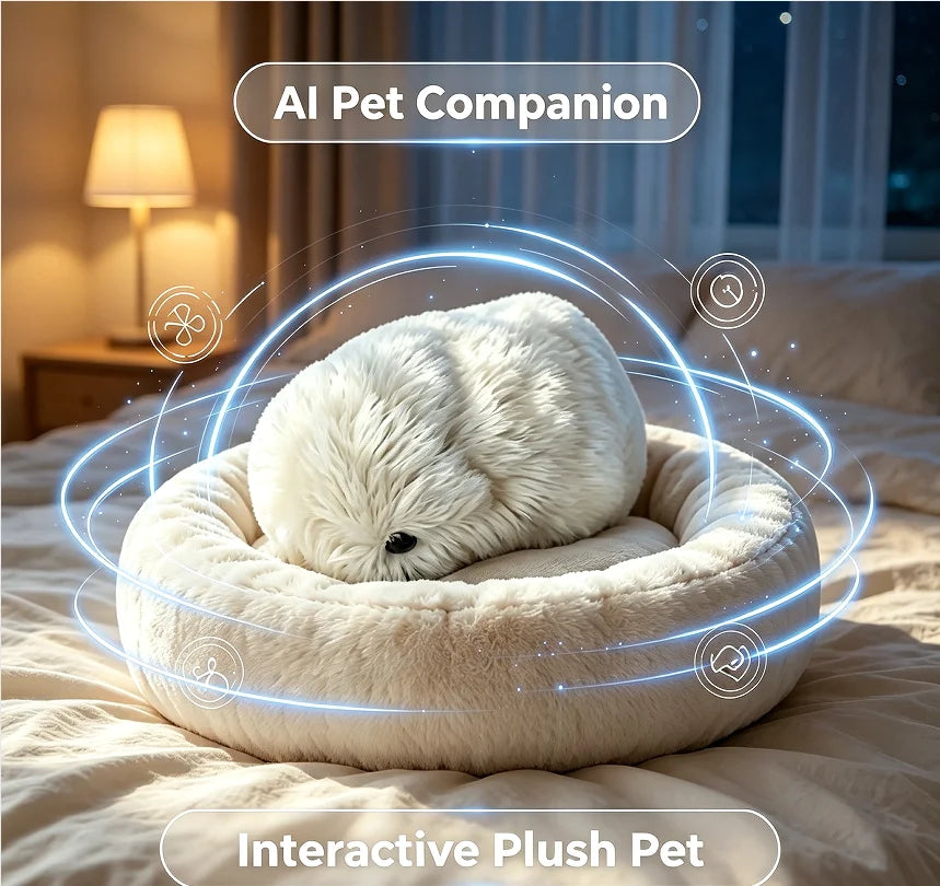 A fluffy white stuffed animal pet bed sits on a bed in a softly lit bedroom. Blue glowing circular graphics and text overlays read 'AI Pet Companion' and 'Interactive Plush Pet'.